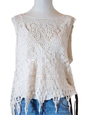 BOHO Festival White Crochet Top Vintage Size Large